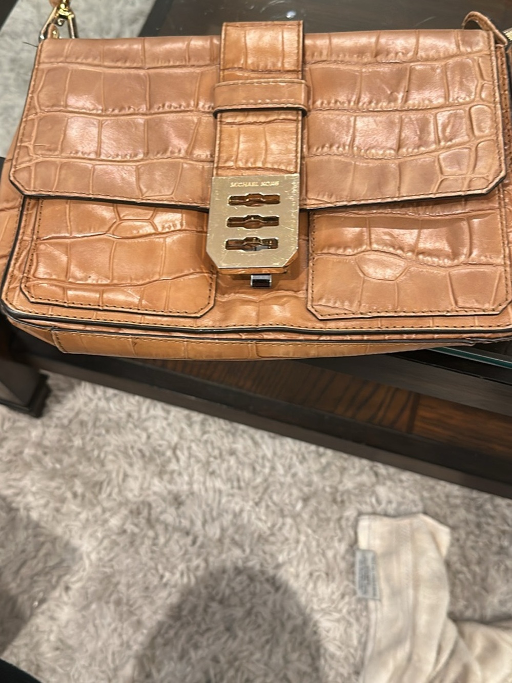 Michael Kors Croc-Embossed Tan Leather Shoulder Bag with Gold Hardware